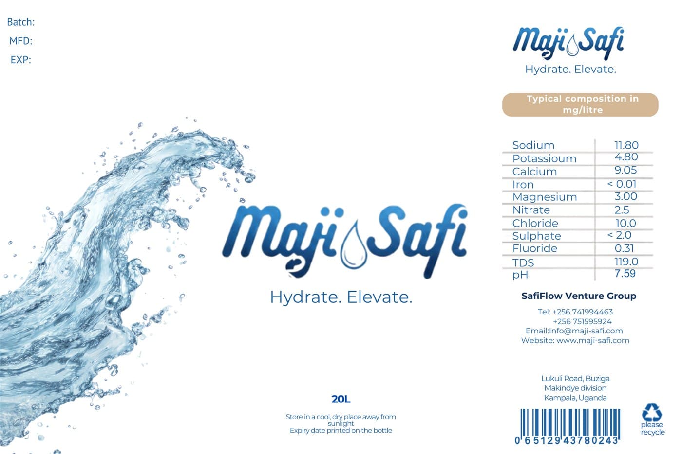 The Maji Safi 20L bottle label