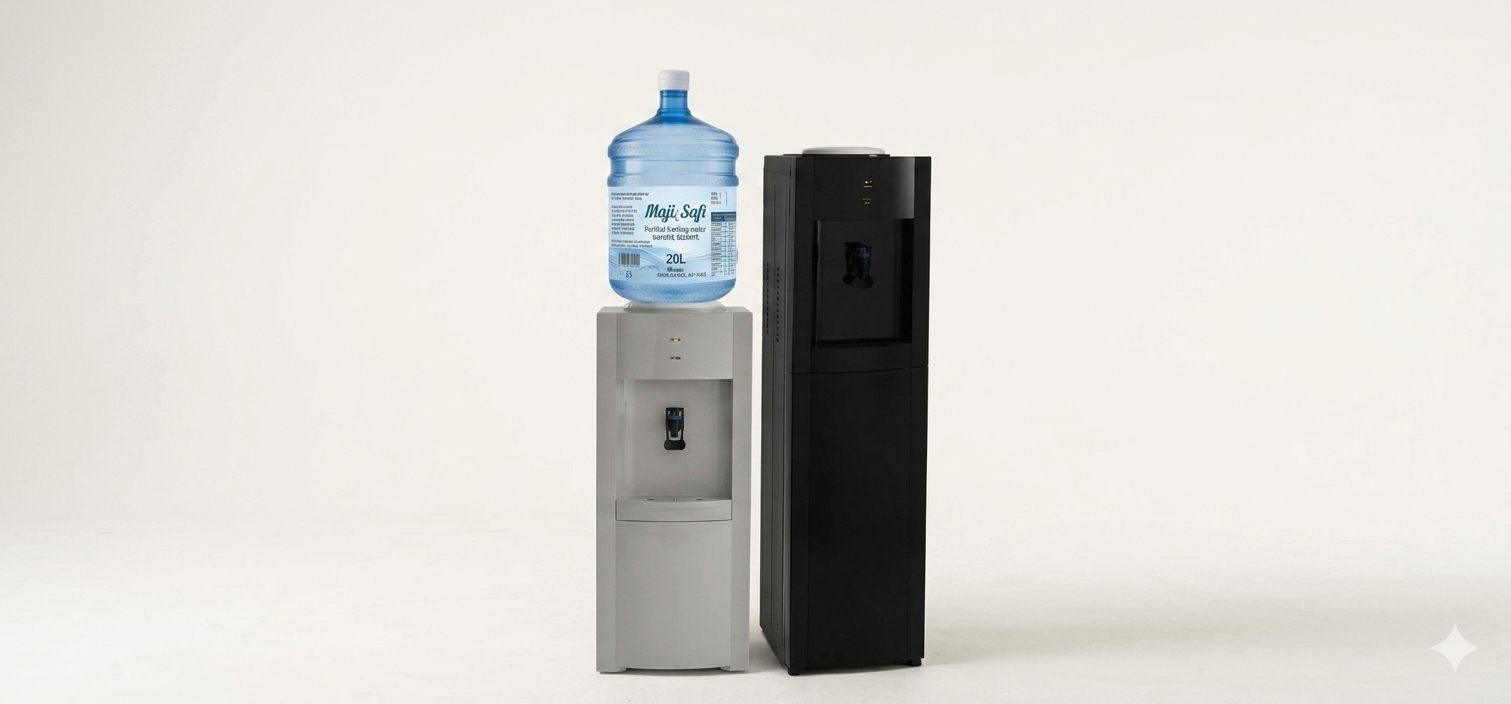 Maji Safi water jugs on countertop and floor-standing dispensers